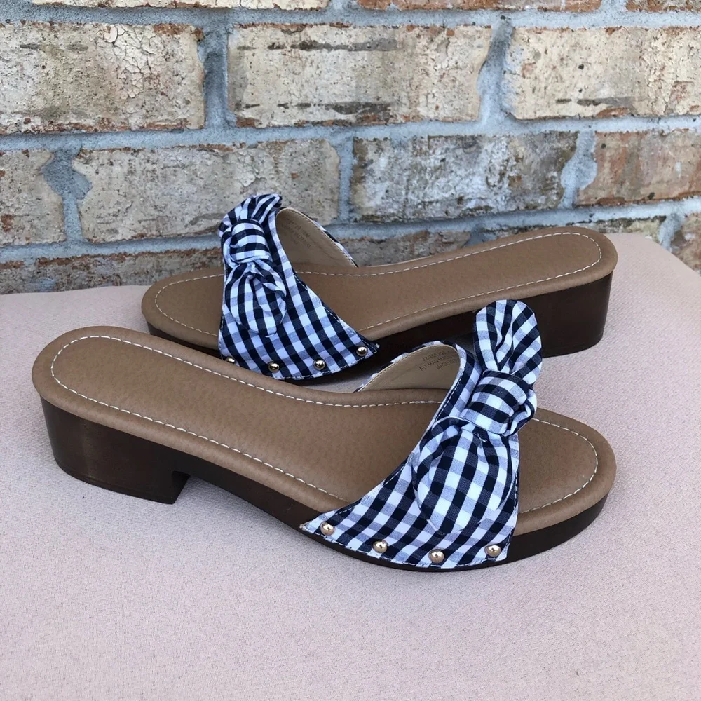 Comfort est 1946 Gingham Blue White Bow Versatile Slide Mule Clog Sandal 10